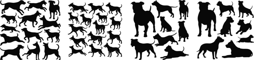 Dog Silhouettes Collection of Multiple Breed Dog Outlines in Various Poses, Black and White