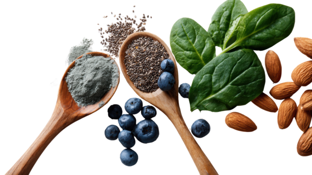 Healthy ingredients including spinach, blueberries, almonds, and superfood powders on wooden spoons.