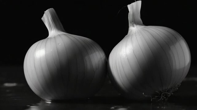 Two cloves of garlic with droplets of water splashing off them.