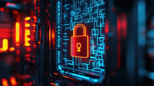 High tech data center with encrypted lock symbol on computer servers and circuit board in a digital world.