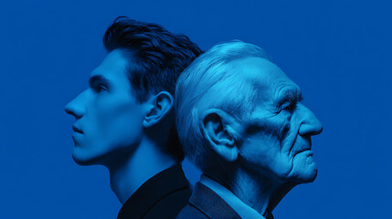 A striking contrast of youth and age, showcasing profiles of a young man and an elderly man against a vibrant blue background
