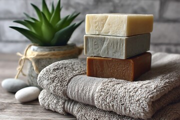 neatly stacked soap bars on towel with plant decor  
