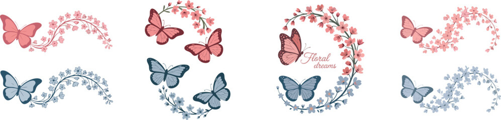 Fototapeta premium Floral Illustration with Butterflies and Flower Branches in Pink and Blue Colors on White