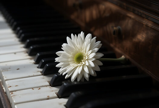 A delicate white daisy rests gracefully on the black and white keys of an old sunlit piano evoking a sense of serene musical contemplation