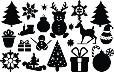 Collection of black christmas silhouettes on white background