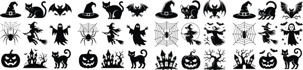 Halloween Silhouettes Bats, Cats, Ghosts, Pumpkins, Witches, Haunted Houses, Spider Webs and Witch Hats Collection