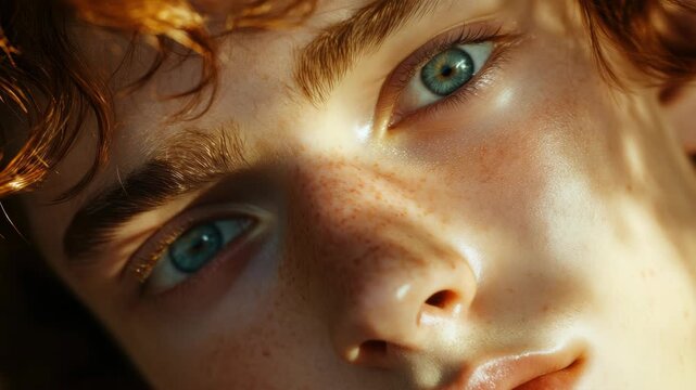 A young man with red hair and blue eyes, wearing a contemplative expression. The sun shines directly on his skin, casting a glow.