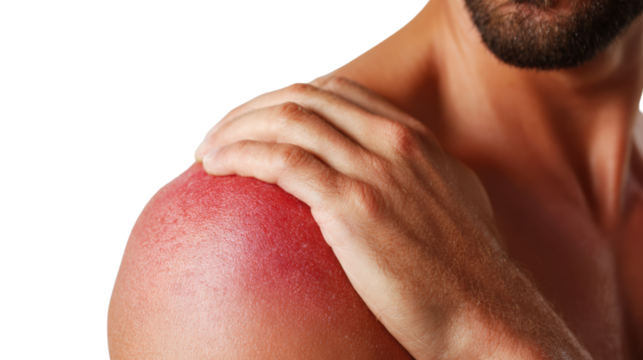 Man with sunburn on shoulder, touching affected area, white isolated background.