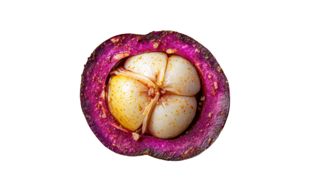 Mangosteen fruit, vibrant purple skin, white juicy interior, isolated on white background.