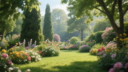 Obraz premium A picturesque garden scene with a variety of colorful flowers, lush green grass, and tall trees. The natural light creates a serene and idyllic atmosphere.