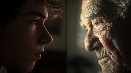 A poignant contrast between the youthful gaze of a boy and the wise expression of an elderly man