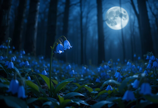 Enchanting moonlit forest floor carpeted with bluebells bathed in ethereal moonlight creating a mystical and serene natural landscape