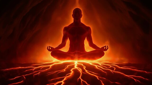 Yoga Meditating silhouette in red aura glow for tranquility and inner peace design Muladhara chakra
