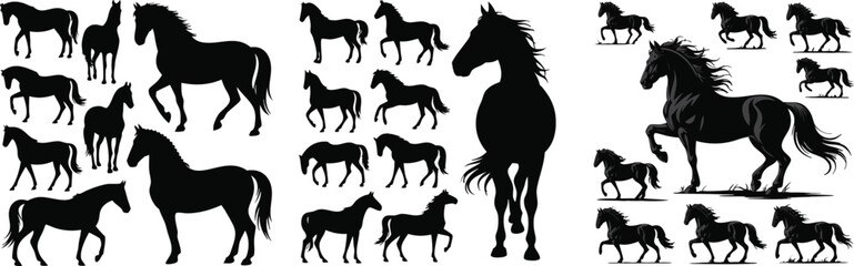Horse Silhouettes Set Various Poses of Black Stallions and Mares for Equestrian Designs