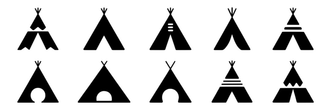 Set of ten simple monochrome teepee icons. Collection of black and white vector wigwam illustrations, isolated on a white background. Various tribal tent designs for camping, native american, and outd