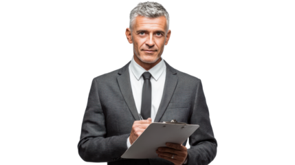 Professional man in suit holding clipboard, isolated background.
