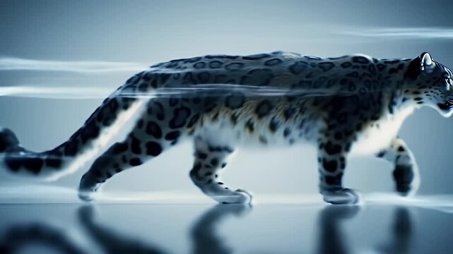 Elegant Snow Leopard Walking with Fur Pattern and Abstract Blue Background