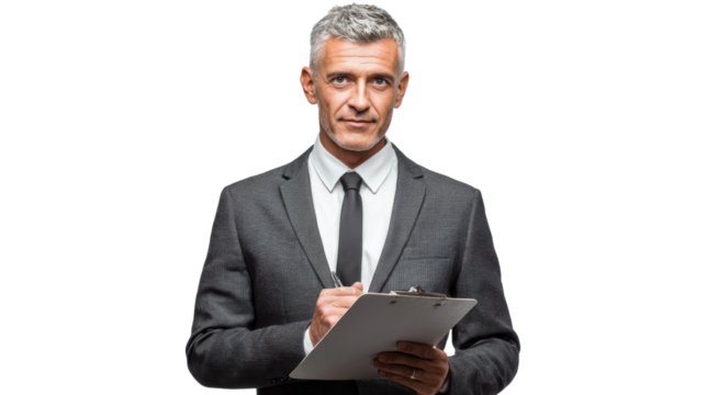 Professional man in suit holding clipboard, isolated background.