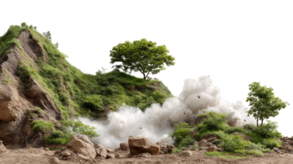 Explosion Landscape: A dramatic display of raw power as an explosion erupts in a rocky landscape, sending clouds of dust into the air amidst trees.