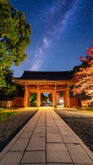 Obraz premium Night temple gateway under a starry sky