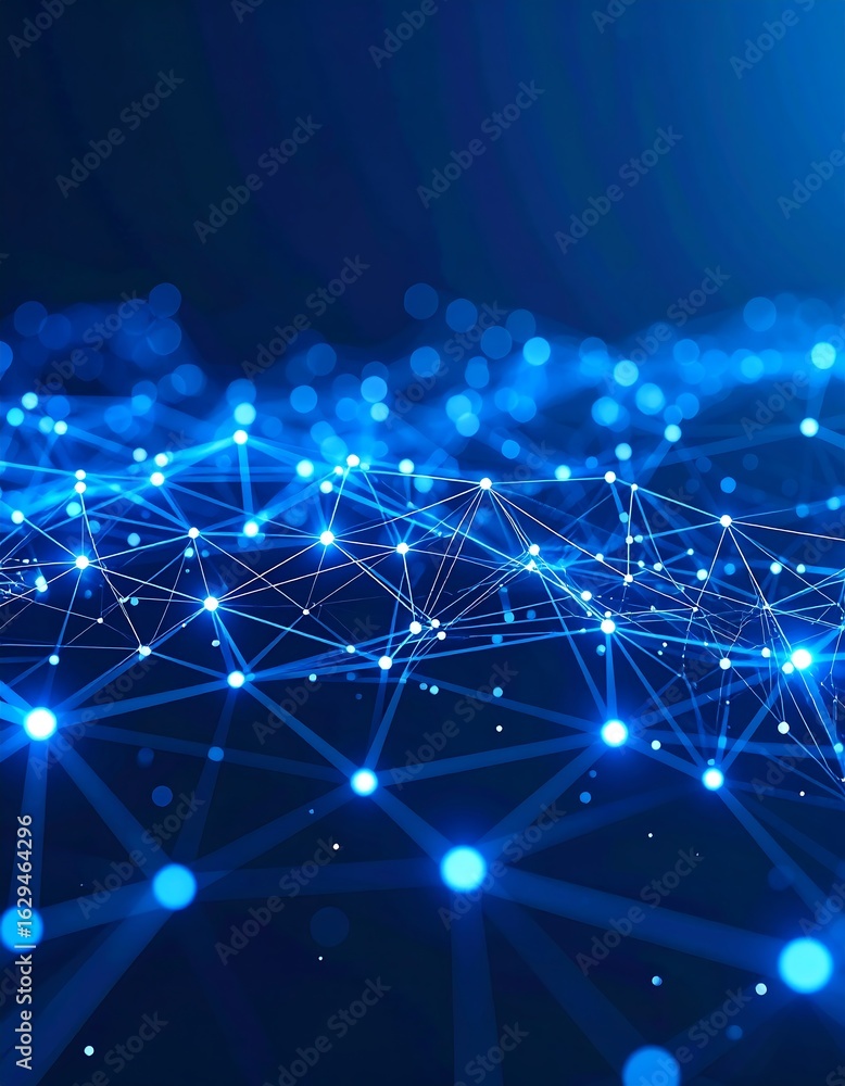 Poster a network of glowing blue nodes and interconnected lines against a dark blue background, creating an