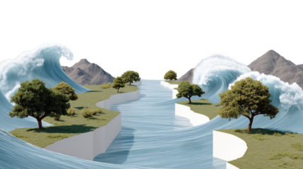 Nature's Embrace: a picturesque view where rolling waves and calm rivers converge, surrounded by lush trees and serene mountains.