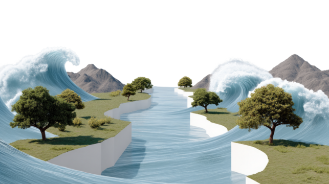 Nature's Embrace: a picturesque view where rolling waves and calm rivers converge, surrounded by lush trees and serene mountains.