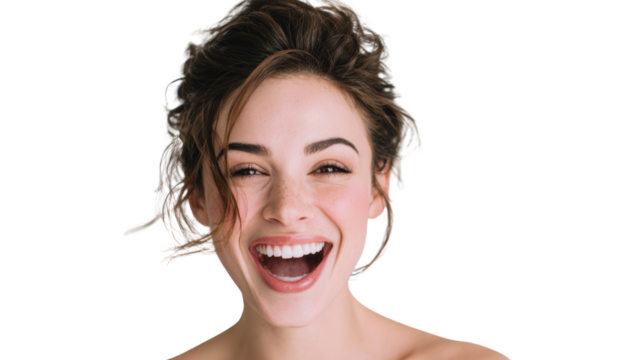 Smiling woman with curly hair, expressing joy and happiness, white isolated background.