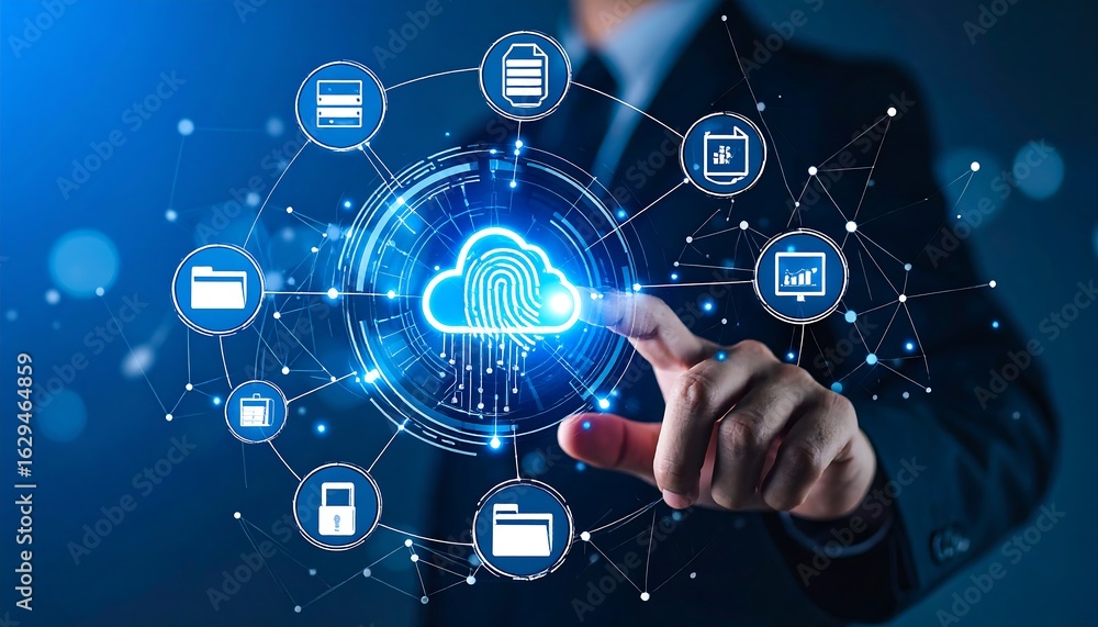 Poster a person in a suit touches a glowing cloud icon with a fingerprint in the center, surrounded by a ne