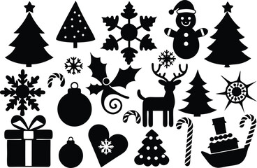 Collection of black christmas holiday icons and silhouettes