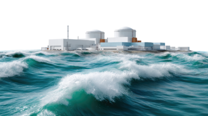 Nuclear Plant on Stormy Sea: A detailed depiction of a nuclear plant, precariously positioned amidst the tempestuous waves of the sea, with a strong emphasis on energy production.