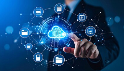 Fototapeta premium A person in a suit touches a glowing cloud icon with a fingerprint in the center, surrounded by a network of icons representing data, documents, and security, all on a blue background