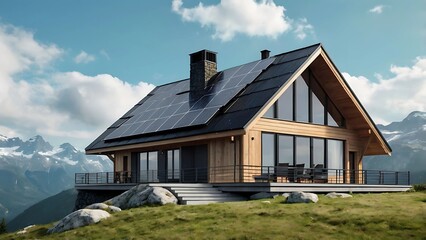 Obraz premium Cozy alpine-style chalet with a chimney, surrounded by rocks and green hills.