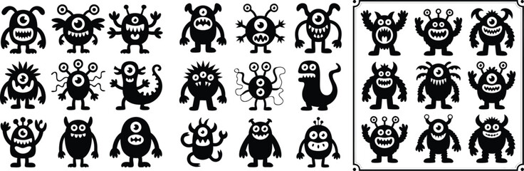 Fototapeta premium Spooky Cute Monsters Silhouette Collection Black and White Cartoon Alien Character Illustrations for Halloween Designs
