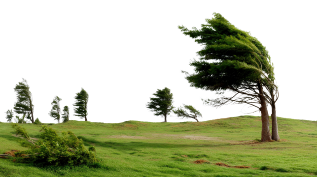 Wind-Swept Trees on a Grassy Hill: A picturesque scene of trees bending gracefully in a strong gust of wind, their leaves dancing against the expansive sky above.