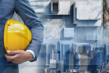 Futuristic real estate vision, man in suit holding helmet, multi-layer cityscape, innovation in architecture