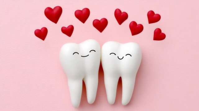 Two smiling cartoon teeth characters with cute expressions, surrounded by red heart shapes on a soft pink background, conveying a message of dental care and love for oral hygiene