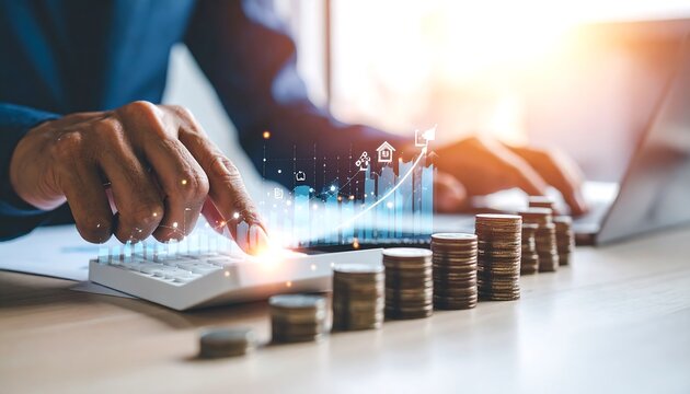 A person uses a calculator and laptop while stacks of coins and a rising financial graph are displayed, symbolizing financial growth and investment.