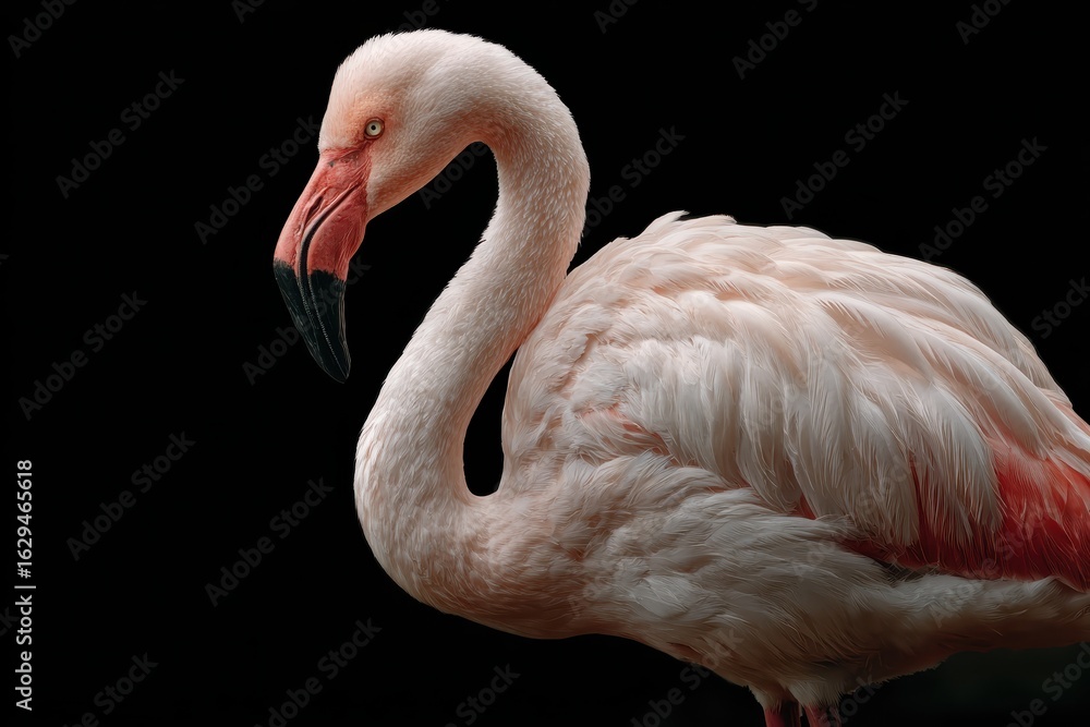 Poster flamingo stands gracefully against a black background showcasing intricate feather details and strik