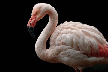 Flamingo stands gracefully against a black background showcasing intricate feather details and striking features capturing the beauty of this elegant bird in a unique setting