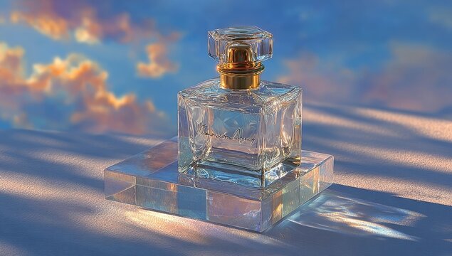 Clear glass perfume bottle on translucent display