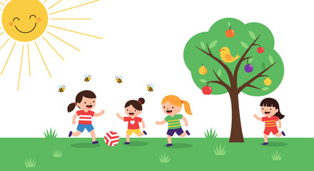Fototapeta premium Joyful children playing outdoors under the warm sun and fruit tree
