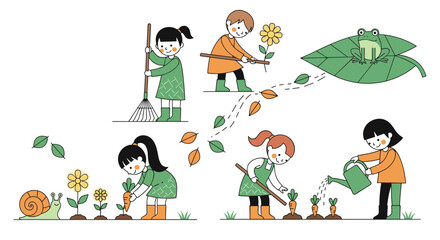 Fototapeta premium Children engaged in outdoor garden activities experiencing nature's wonders
