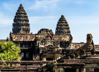 Ancient Temple Architecture Under Blue Sky, in Angkor Wat, Cambodia