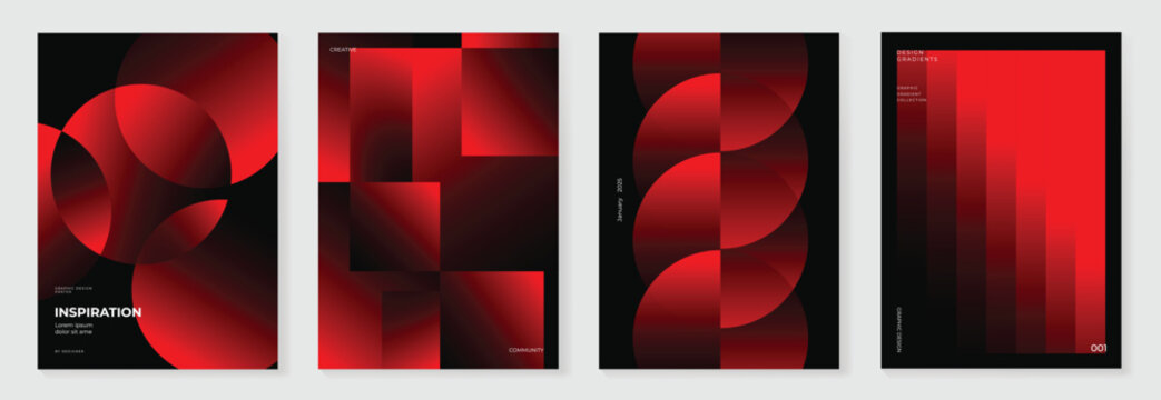 Modern gradient poster on dark background vector set. Cover template with red perspective geometric shapes different. Modern Design for wall art, flyers, brochures, covers and web banners.