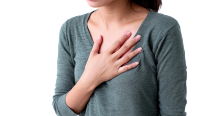 Woman expressing feelings with a hand on her chest against a white background.