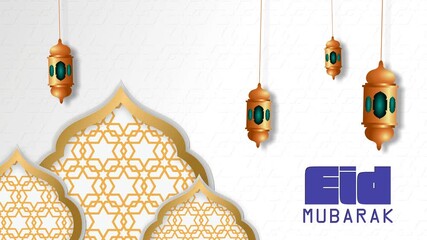 A stunning 4K looping animation for Eid, featuring golden geometric arches, hanging lanterns, and an elegant white background. The modern yet traditional design embodies festivity and spirituality.