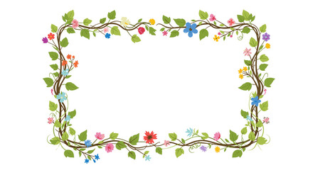 Whimsical botanical border design with colorful spring flowers and green leaves