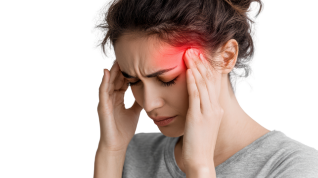 Woman experiencing headache pain, holding temples, with a pained expression, isolated on white background.