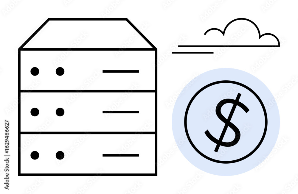 Poster server racks and dollar coin highlight data storage affordability. cloud element symbolizes scalabil